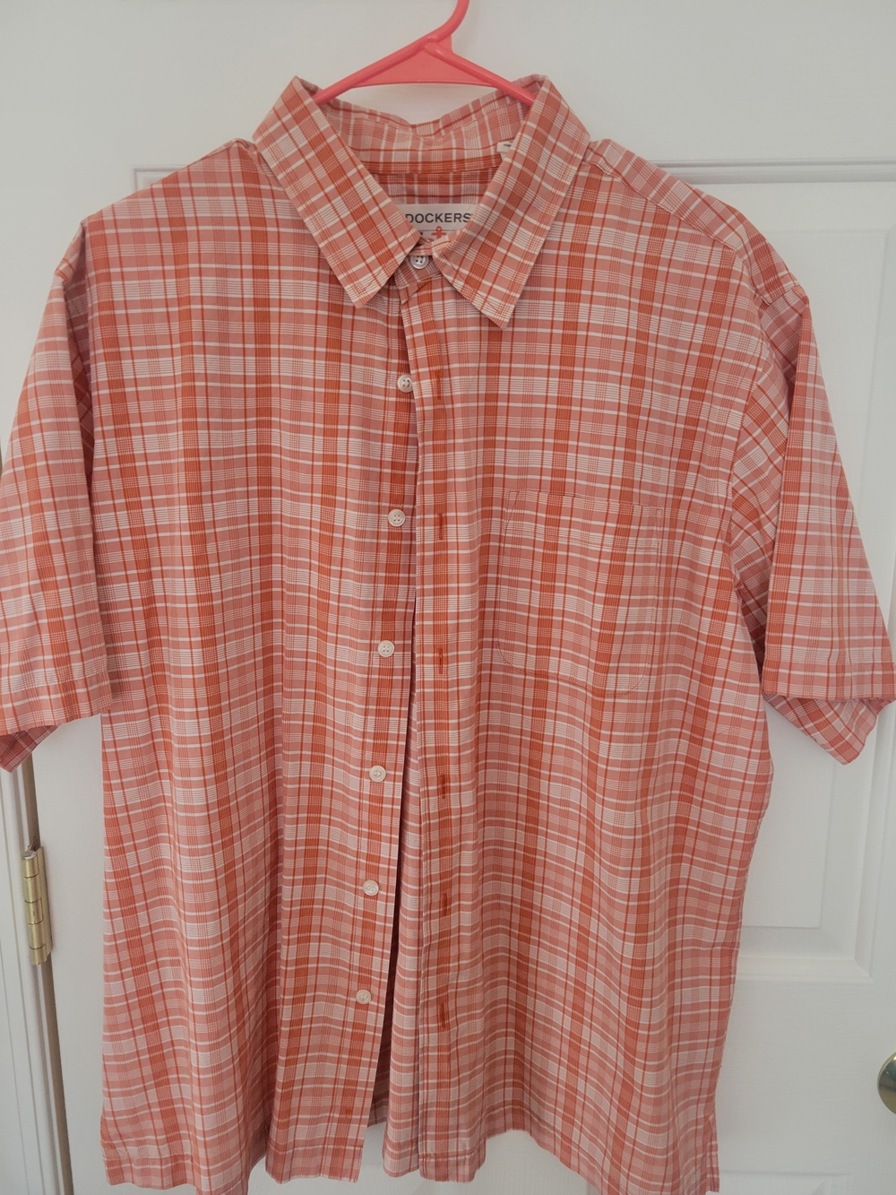 Dockers Men’s Orange & White Plaid Short-Sleeve Sz M Button-Down Shirt Like New